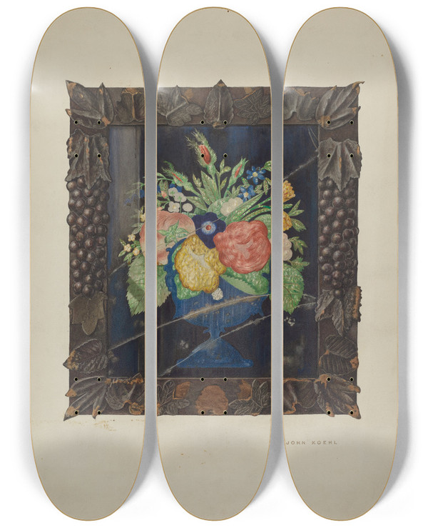 Triptych art skateboard deck of John Koehl Tin Foil Still Life And Frame by John Koehl