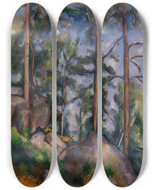 Triptych art skateboard deck of Paul Czanne Pines And Rocks by Paul Cezanne (1839-1906)