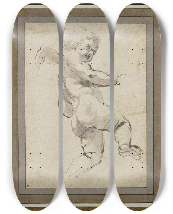 Triptych art skateboard deck of Annibale Carracci Schwebende Amorette Nach Rechts by Annibale Carracci (1560-1609)