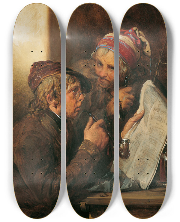Triptych art skateboard deck of Josef Danhauser Die Zeitungsleser by Josef Danhauser (1805-1845)