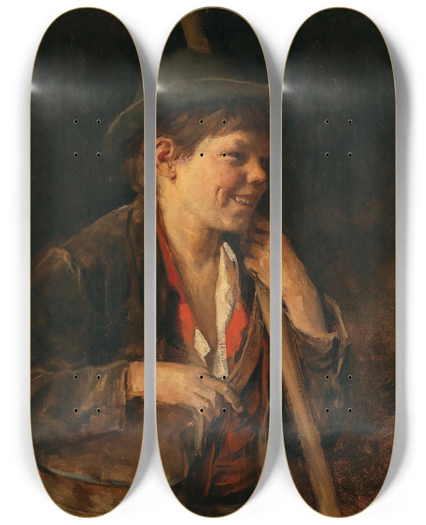 Triptych art skateboard deck of Franz Von Defregger A Tyrolean Shepard Boy by Franz Von Defregger (1835-1921)