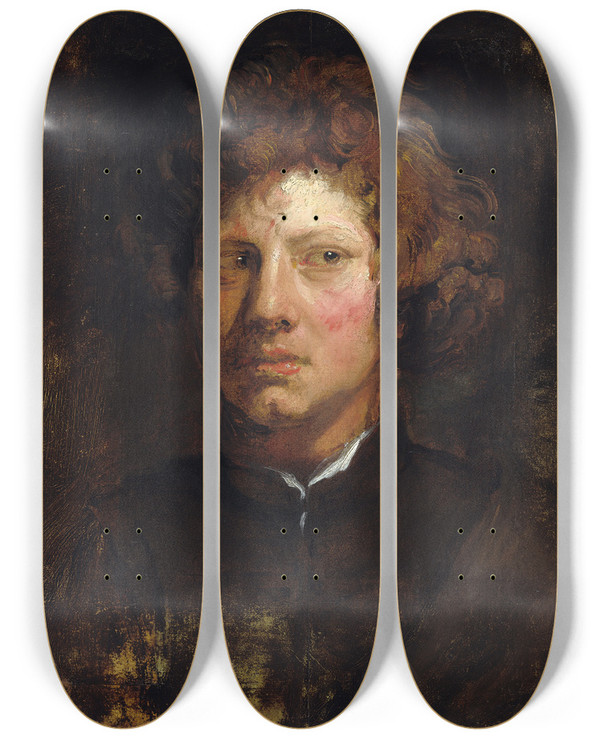 Triptych art skateboard deck of Anthony Van Dyck Head Of A Young Man by Anthony Van Dyck (1599-1641)