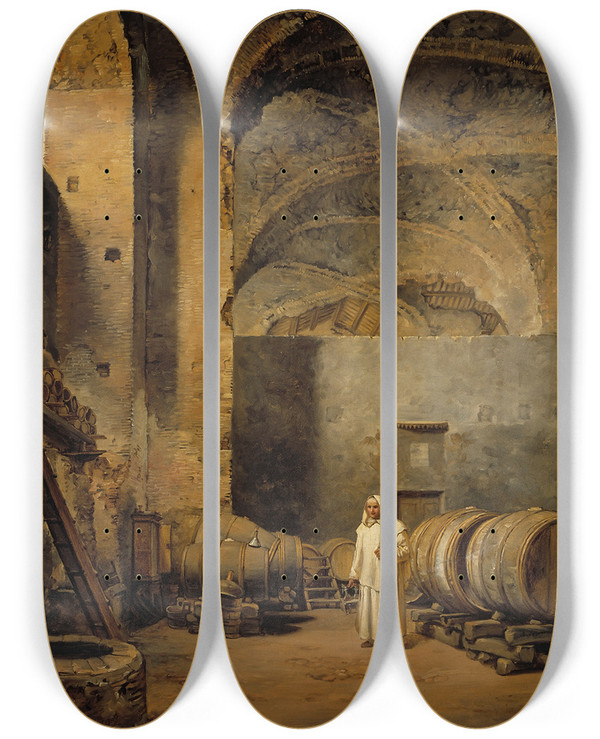 Triptych art skateboard deck of Alexander Laurus A Monk In A Ruin Which Has Been Made Into A Wine Cellar by Alexander Laureus (1783-1823)