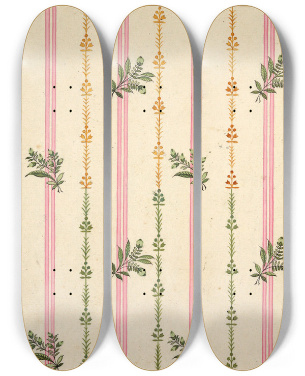 Triptych art skateboard deck of Louisalbert Dubois Textile Design Vertical by Louis-Albert DuBois (1752-1818)