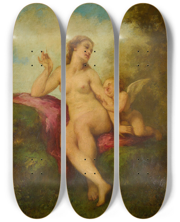 Triptych art skateboard deck of Pauljacquesaim Baudry Venus And Cupid by Paul-Jacques-Aim Baudry (1828-1886)