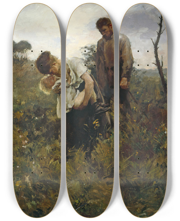 Triptych art skateboard deck of Alfred Philippe Roll Exode by Alfred Philippe Roll (1846-1919)