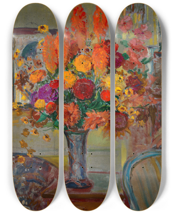 Triptych art skateboard deck of Jacquesmile Blanche Fleurs Dans Un Intrior by Jacques-mile Blanche (1861-1942)