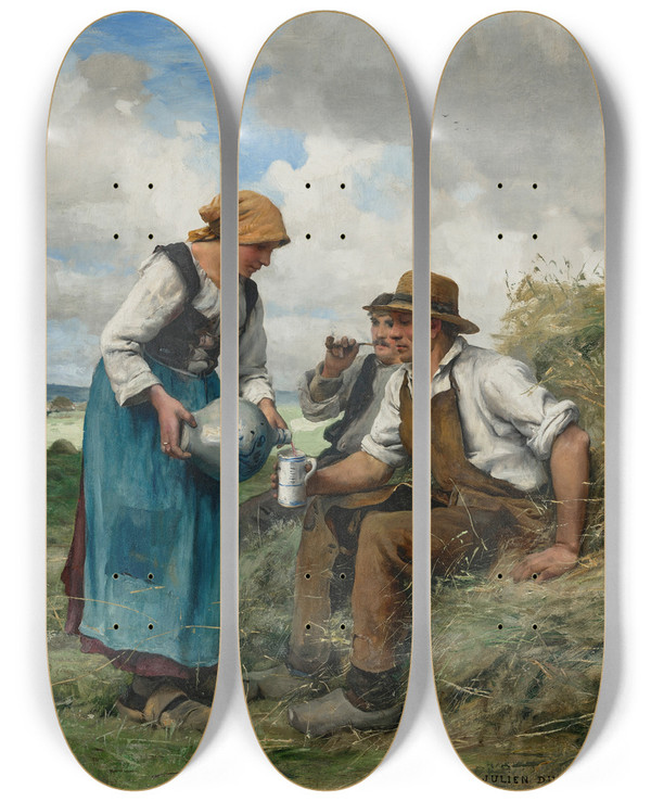 Triptych art skateboard deck of Julien Dupr Les Moissonneurs by Julien Dupre (1851-1910)