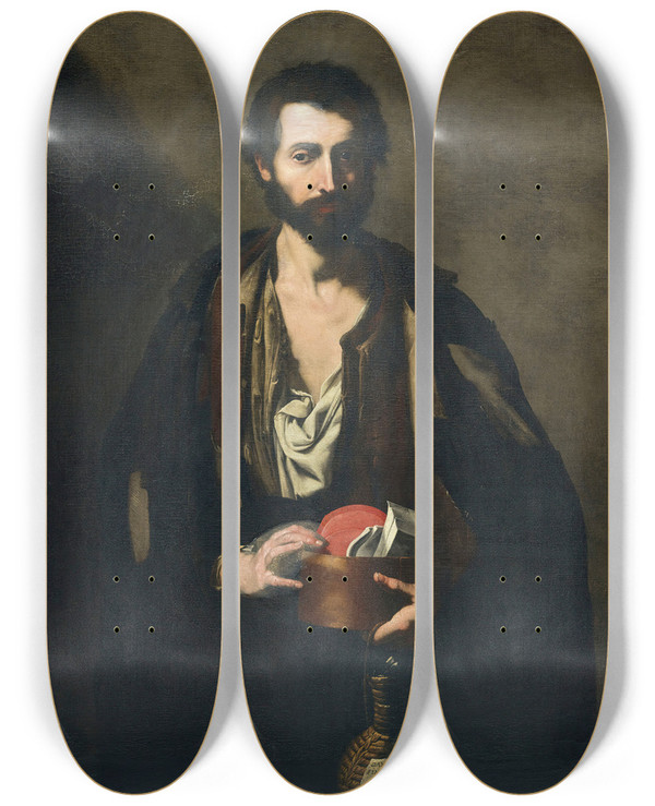 Triptych art skateboard deck of Jusepe De Ribera A Philosopher With A Wine Flask by Jusepe de Ribera (1591-1652)
