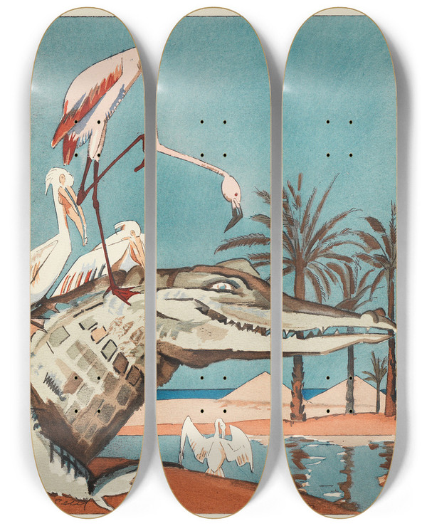 Triptych art skateboard deck of Alfred Le Petit Mille Douze Histoires De Btes by Alfred Petit (1841-1909)