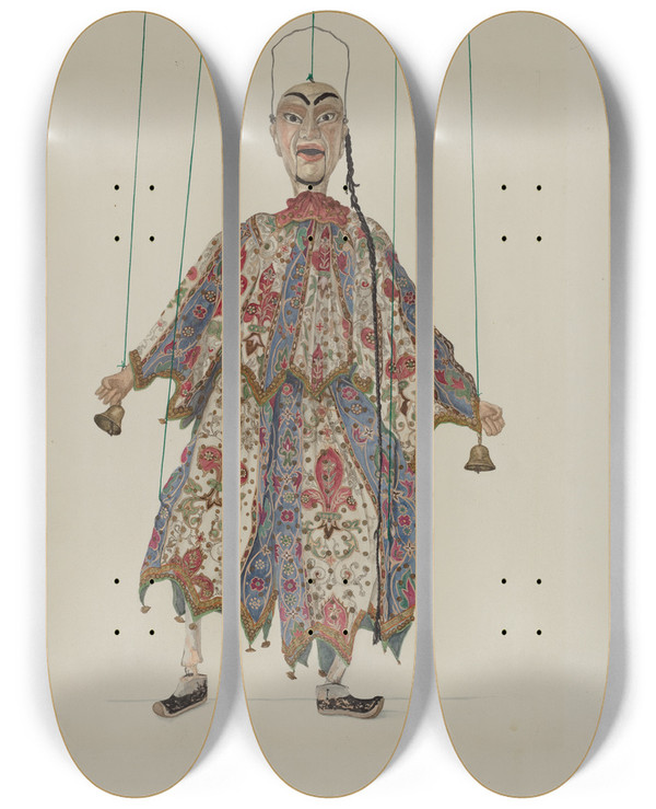 Triptych art skateboard deck of Vera Van Voris Puppet Chinese Minstrel by Vera Van Voris