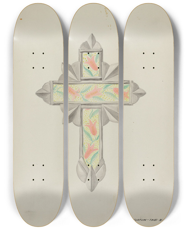 Triptych art skateboard deck of Majel G Claflin Tin Wall Paper Cross_2 by Majel G Claflin (1893-1941)