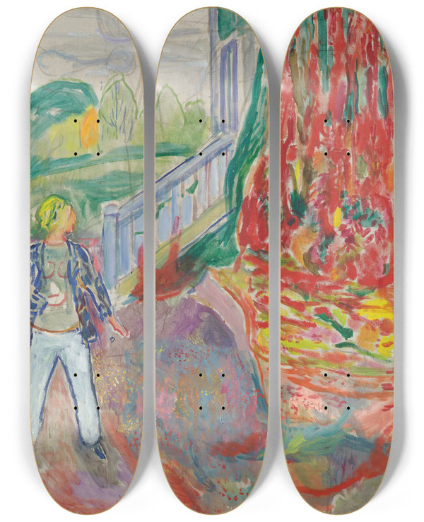 Triptych art skateboard deck of Edvard Munch Woman By The Veranda Step by Edvard Munch (1863-1944)