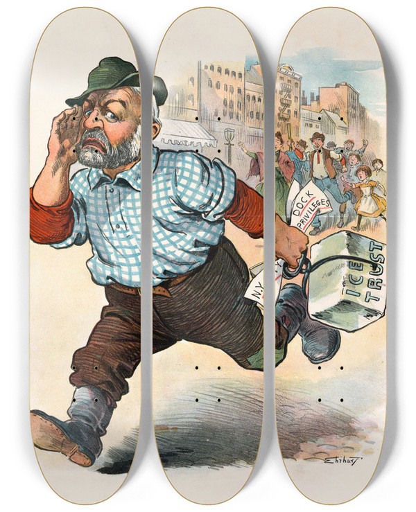 Triptych art skateboard deck of Samuel Ehrhart Tammanys Antitrust Game by Samuel Ehrhart (1862-1937)
