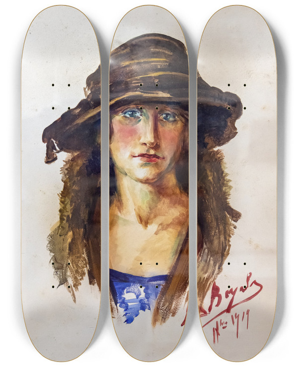 Triptych art skateboard deck of Luce Boyals Selfportrait by Luce Boyals (1892-1946)