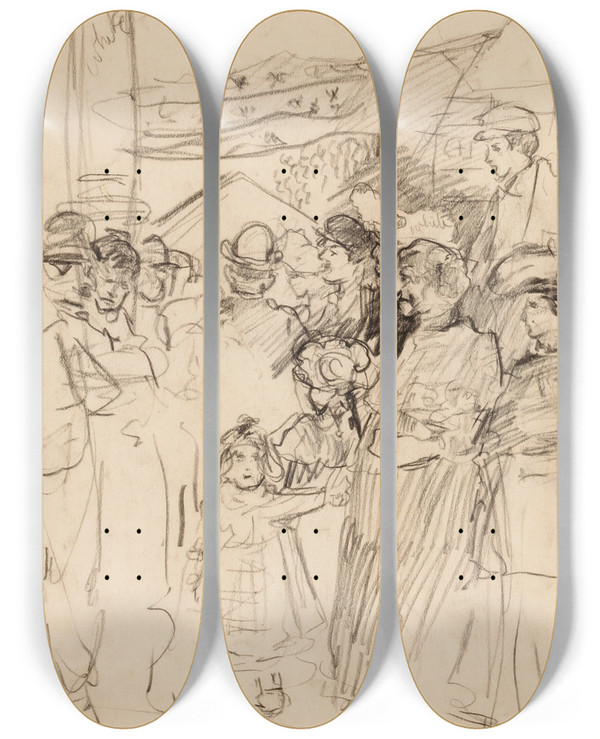 Triptych art skateboard deck of Jerome Myers Group Scene by Jerome Myers (1867-1940)