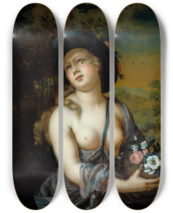 Triptych art skateboard deck of Frans Van Mieris The Younger Flora by Frans Van Mieris The Younger (1689-1763)