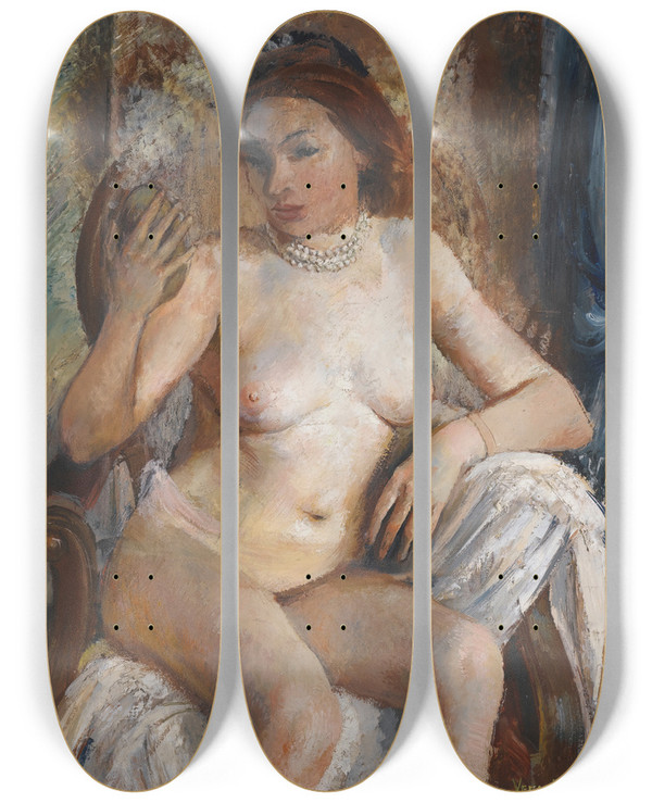 Triptych art skateboard deck of Vera Rockline Nude With Mirror by Vera Rockline (1896-1934)
