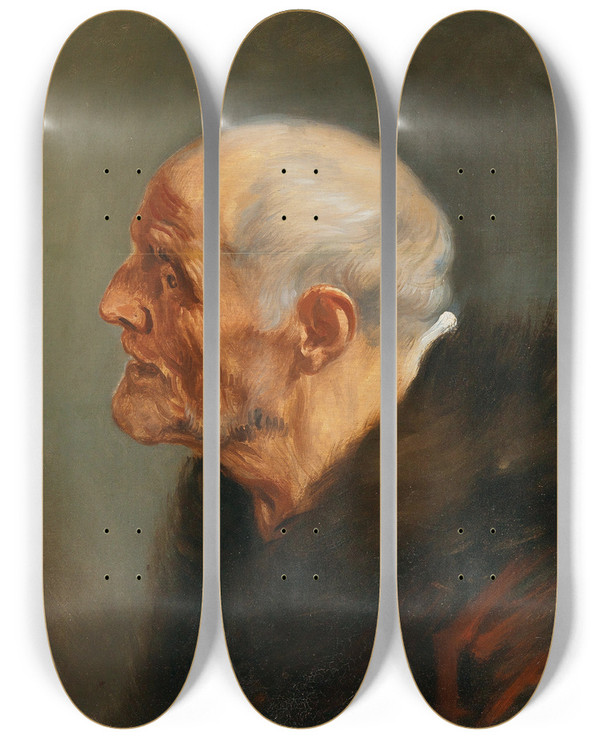 Triptych art skateboard deck of Anthony Van Dyck Head Study Of A Bearded Man_1 by Anthony Van Dyck (1599-1641)