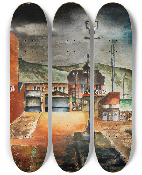 Triptych art skateboard deck of Carl Grossberg Huser Bei Nacht by Carl Grossberg (1894-1940)