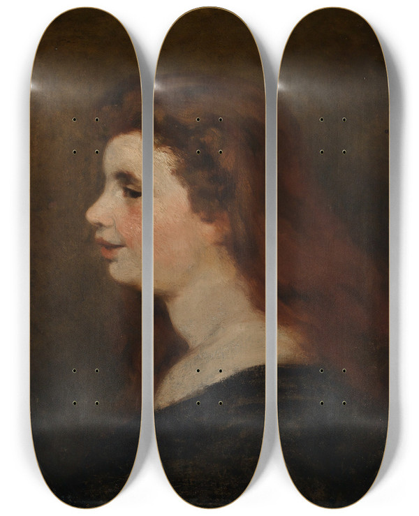 Triptych art skateboard deck of Victor Mller Weibliches Bildnis Studienkopf by Victor Muller (1829-1871)