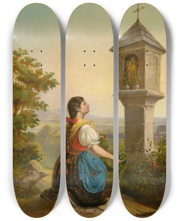 Triptych art skateboard deck of Vojtech Klimkovi At A Wayside Shrine by Vojtech Klimkovic (1833-1885)