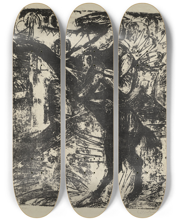 Triptych art skateboard deck of Ernst Ludwig Kirchner Steigendes Pferd Mit Reiter by Ernst Ludwig Kirchner (1880-1938)