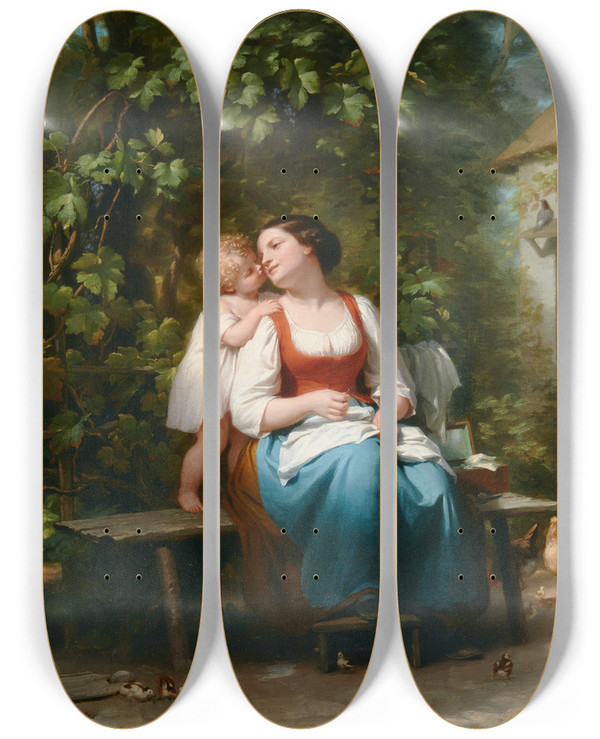 Triptych art skateboard deck of Fritz Zuberbhler Mothers Darling by Fritz Zuber-Bhler (1822-1896)