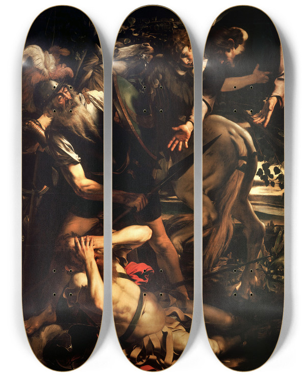 Triptych art skateboard deck of Caravaggio The Conversion Of Saint Paul by Caravaggio (1571-1610)