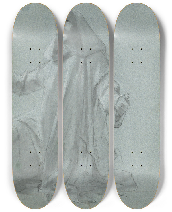 Triptych art skateboard deck of Jean Leonard Lugardon A Young Priest Kneeling by Jean Leonard Lugardon (1801-1884)