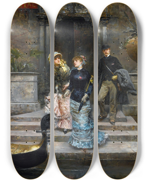 Triptych art skateboard deck of Ludovico Marchetti The Departure Venice by Ludovico Marchetti (1853-1909)
