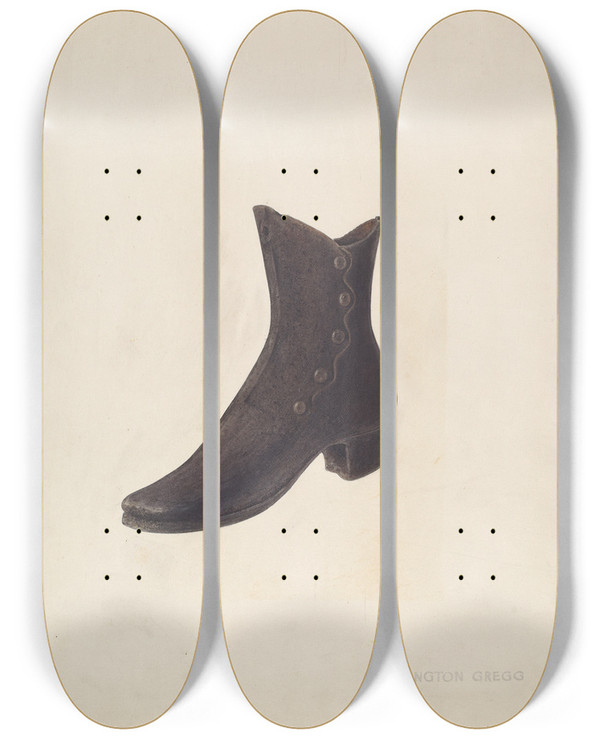 Triptych art skateboard deck of Arlington Gregg Shoe by Arlington Gregg (1909-1964)