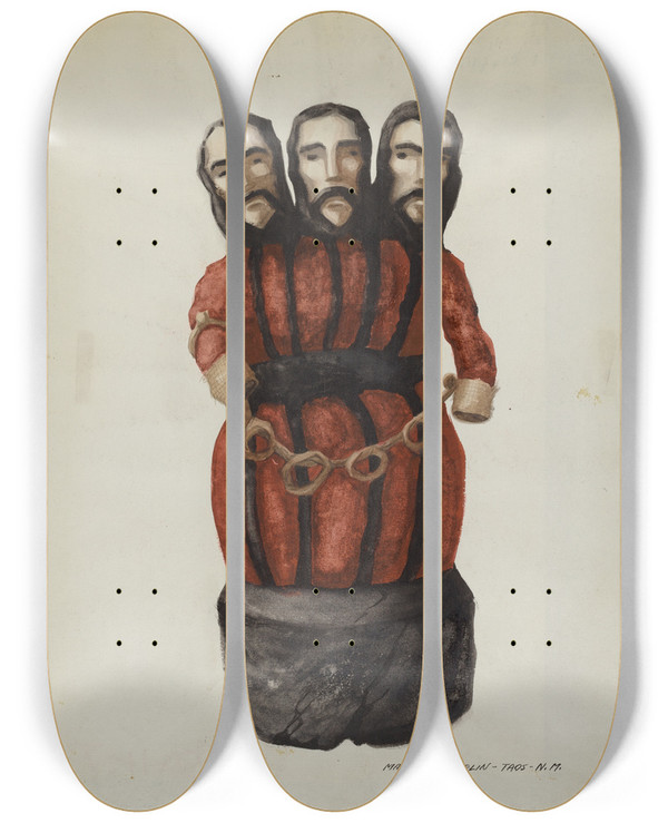 Triptych art skateboard deck of Majel G Claflin Bulto Holy Trinity by Majel G Claflin (1893-1941)