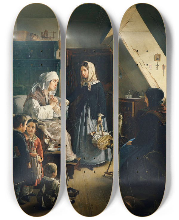 Triptych art skateboard deck of Ernst Christian Moser Die Wohlttige by Ernst Christian Moser (1815-1867)