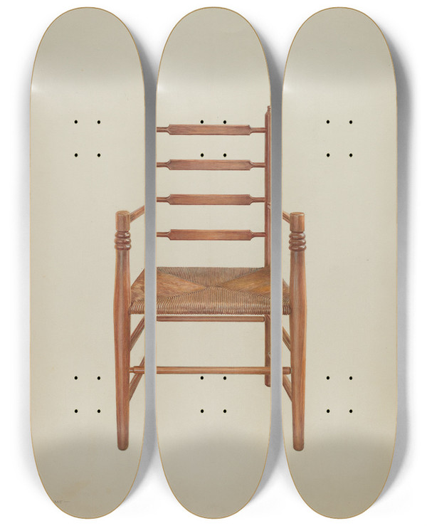 Triptych art skateboard deck of Frank M Keane Chair Pine With Rush Seat by Frank M Keane