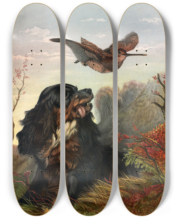 Triptych art skateboard deck of Arthur Fitzwilliam Tait Cocker And Woodcock by Arthur Fitzwilliam Tait (1819-1905)