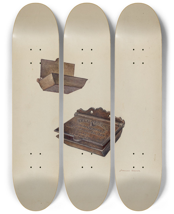 Triptych art skateboard deck of Stanley Mazur Iron Match Safe by Stanley Mazur