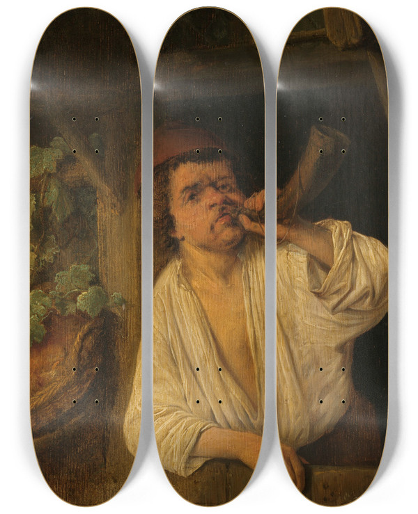 Triptych art skateboard deck of Adriaen Van Ostade A Baker Sounding His Horn by Adriaen Van Ostade (1610-1684)