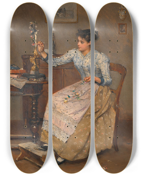 Triptych art skateboard deck of Josef Gisela Mdchen Ein Kruzifix Mit Blumen Schmckend by Josef Gisela (1851-1899)