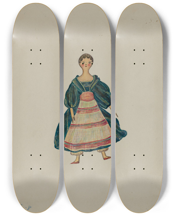 Triptych art skateboard deck of Marie Lutrell Wooden Doll by Marie Lutrell