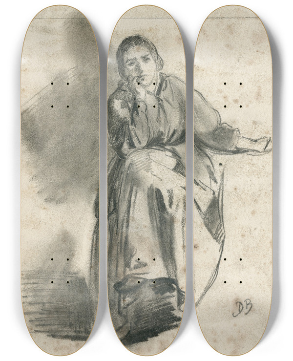 Triptych art skateboard deck of David Bles Sitting Woman by David Bles (1821-1899)