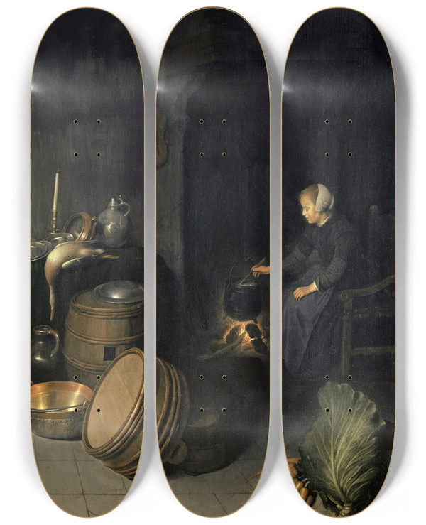 Triptych art skateboard deck of Pieter Van Den Bosch The Young Cook by Pieter Van Den Bosch (1612-1663)