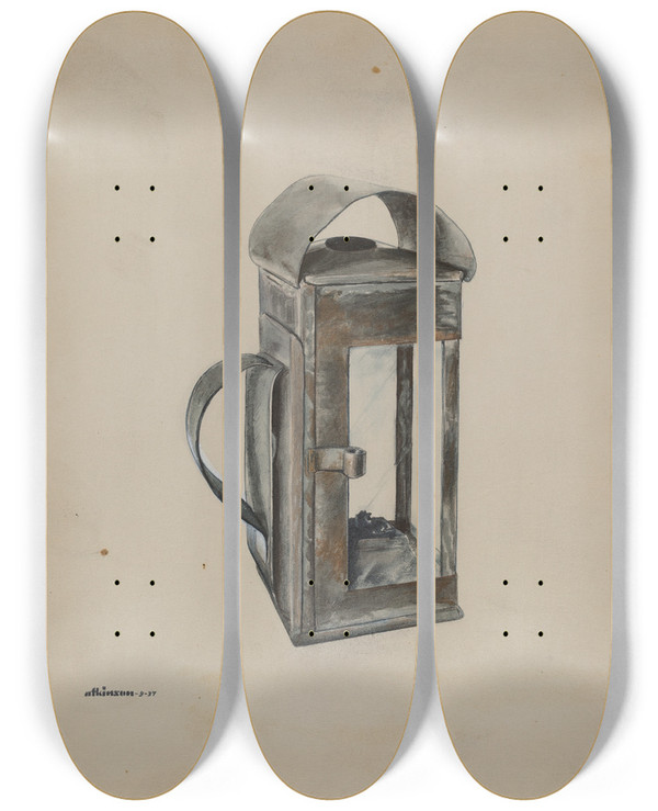 Triptych art skateboard deck of Ralph Atkinson Economy Square Oil Lantern by Ralph Atkinson (20-)