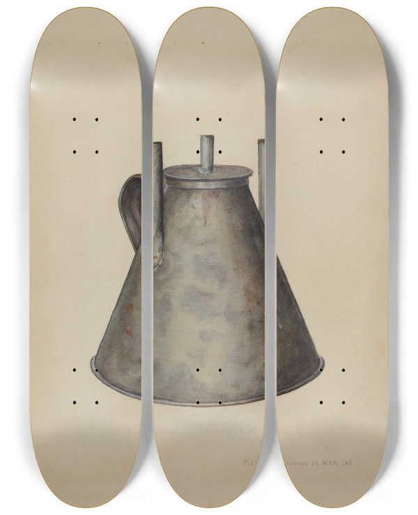 Triptych art skateboard deck of Richard Donovan Whale Oil Lamp by Richard Donovan