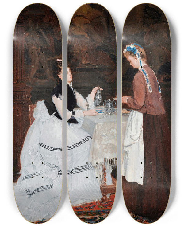 Triptych art skateboard deck of Camillelopold Cabaillotlassalle Tea Time by Camille-Lopold Cabaillot-Lassalle (1839)