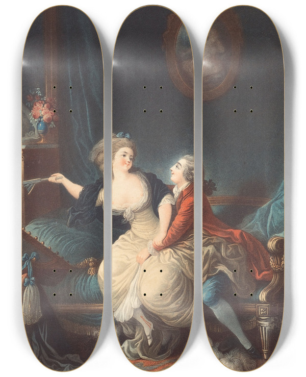 Triptych art skateboard deck of Louismarin Bonnet Leventail Cass by Louis Marin Bonnet (1736-1793)