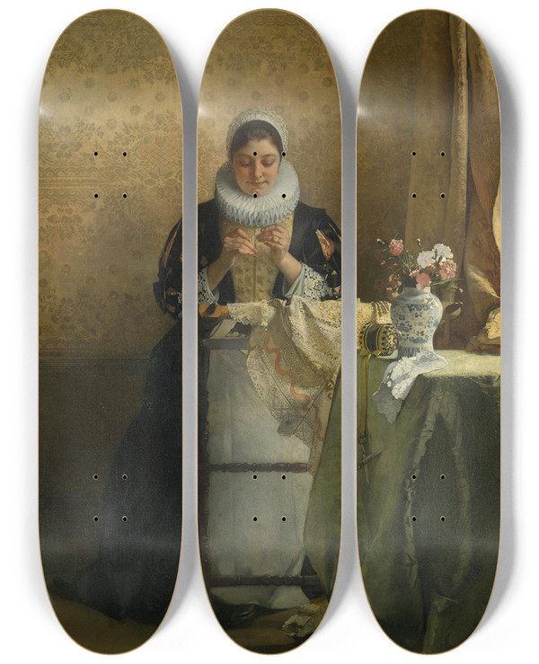 Triptych art skateboard deck of Eduard Charlemont The Lace Maker by Eduard Charlemont (1848-1906)