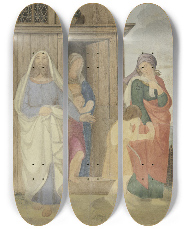 Triptych art skateboard deck of Philipp Veit Hagars Expulsion by Philipp Veit (1793-1877)