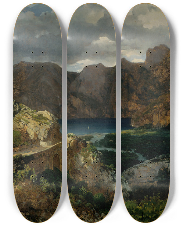 Triptych art skateboard deck of Thomas Ender Blick Auf Den Gardasee by Thomas Ender (1793-1875)