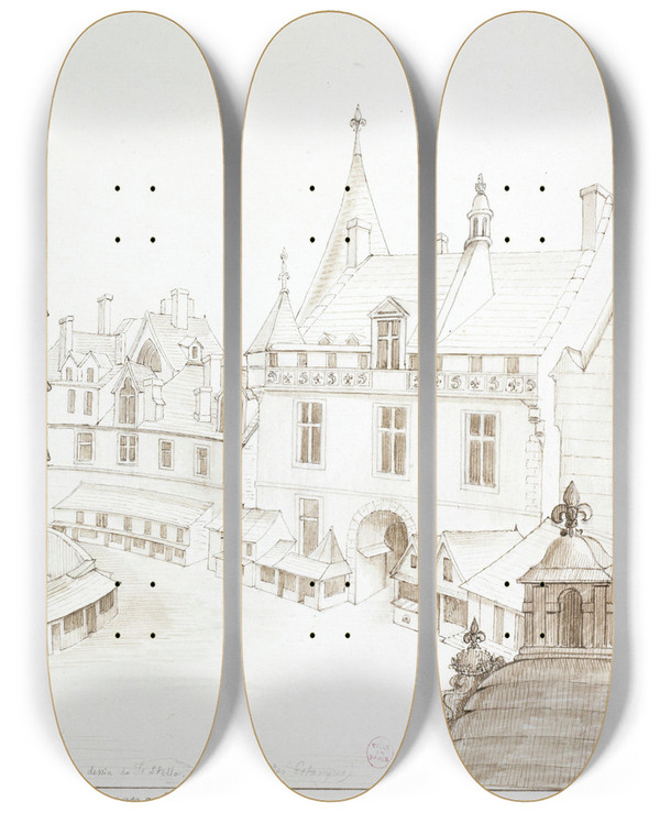Triptych art skateboard deck of Alfred Bonnardot Palais De Justice Et Cour De La Saintechapelle by Alfred Bonnardot (1808-1884)